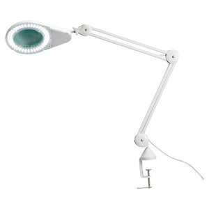 LED magnifying lamp on a hinged arm with a table clamp at the base, shown with the lens head raised