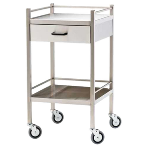 Stainless steel trolley with a drawer beneath the top shelf, guard rails around both shelves and four swivel castors