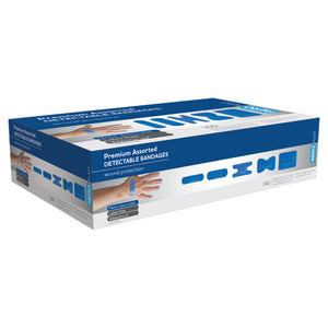 Blue and white AEROPLAST box printed premium assorted detectable bandages, wound protection, with the dressing shapes shown along the front