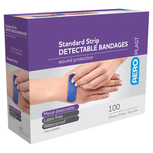 Purple and white AEROPLAST box printed standard strip detectable bandages, wound protection, listing metal detectable, latex free and waterproof, marked 100