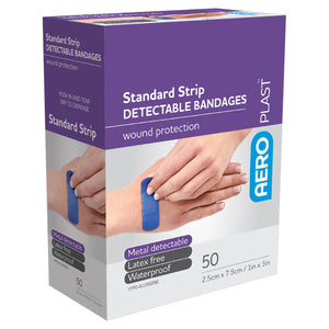 Purple and white AEROPLAST box printed standard strip detectable bandages, wound protection, listing metal detectable, latex free and waterproof, marked 50