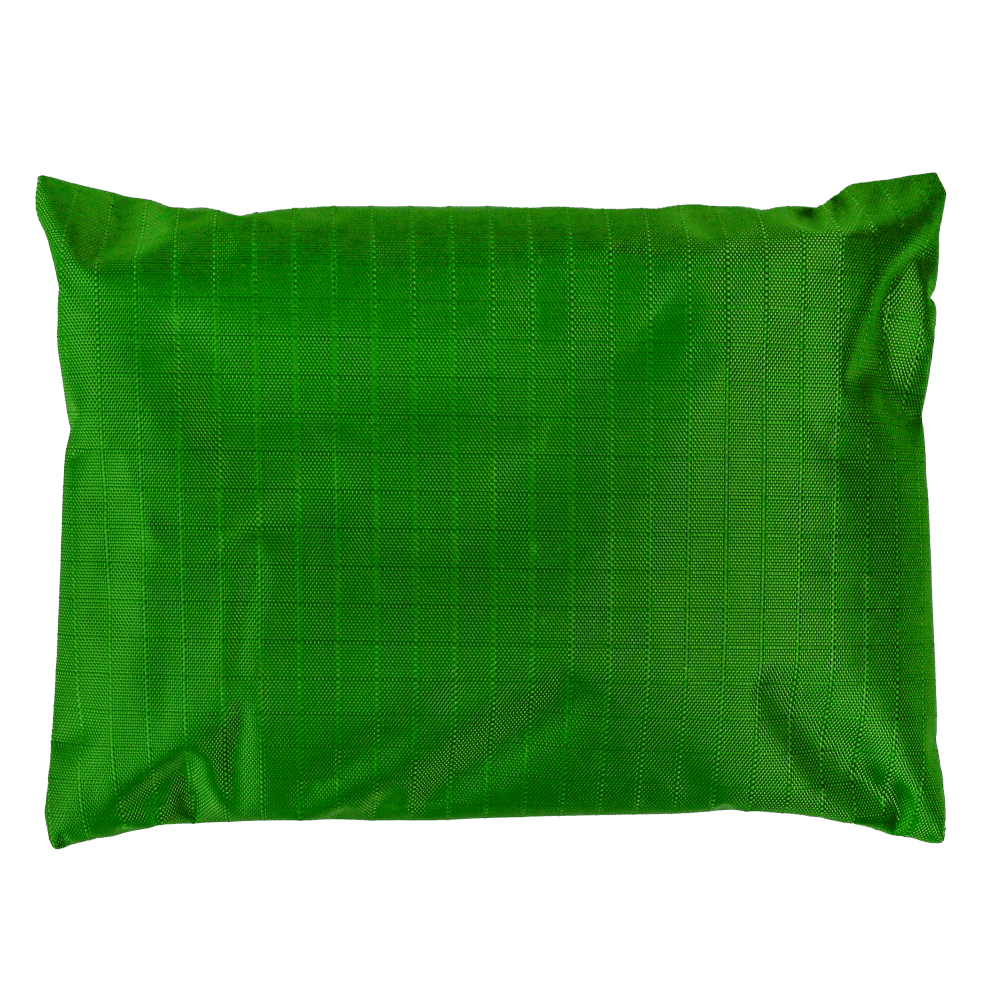 The same green pouch photographed from the back, showing the plain ripstop fabric