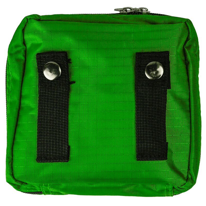 The back of the green case showing two black elastic straps with press studs