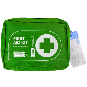Green zipped soft case with a white cross roundel, printed First Aid Kit for home, vehicle and work, with a swing tag attached