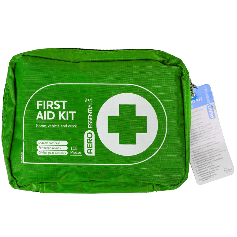 Green zipped soft case with a white cross roundel, printed First Aid Kit for home, vehicle and work, with a swing tag attached