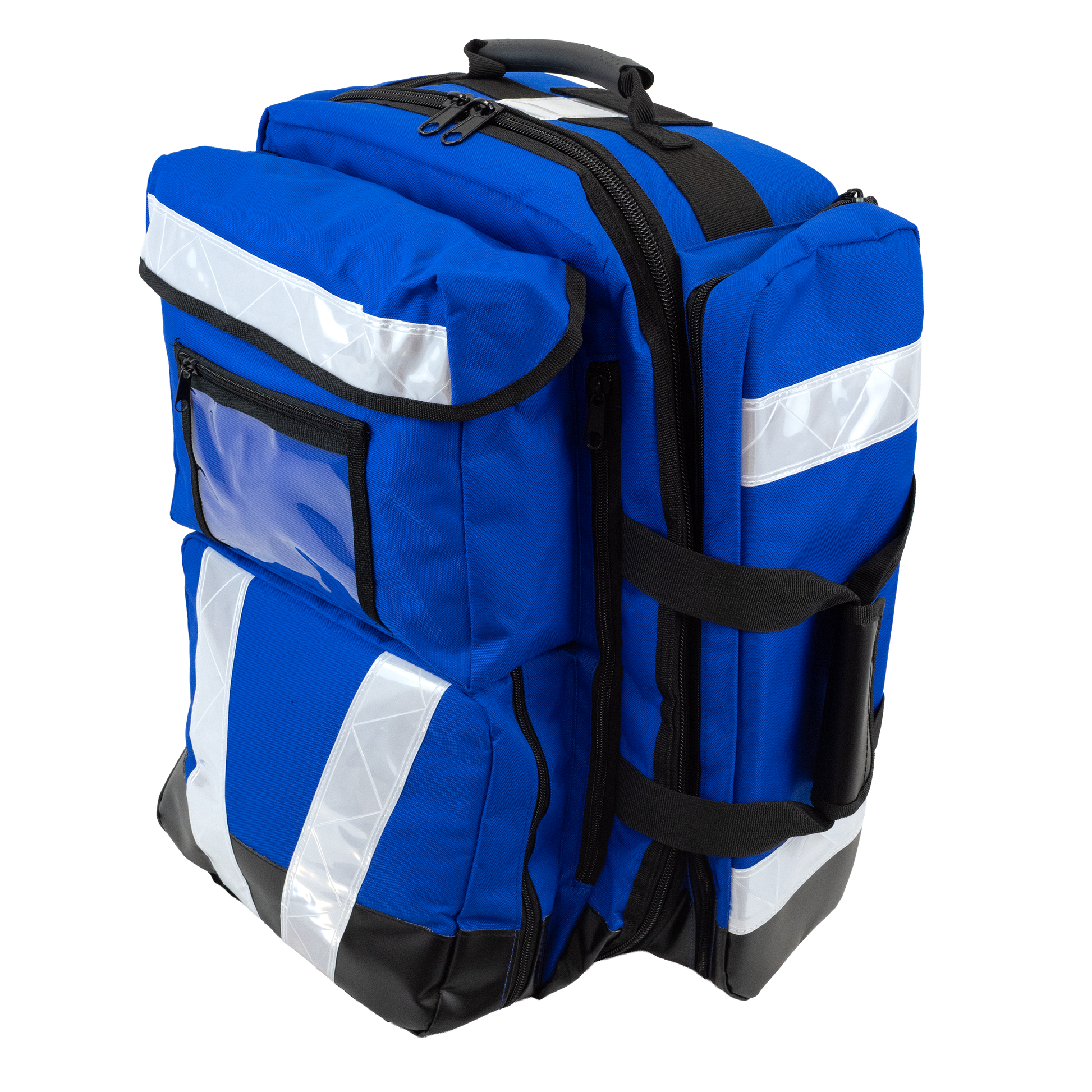 Aero Healthcare AEROBAG Blue Oxygen and Trauma First Aid Backpack 48 x 54 x 32cm showing padded shoulder straps multiple compartments and clear panel pockets for organised emergency response equipment carrying