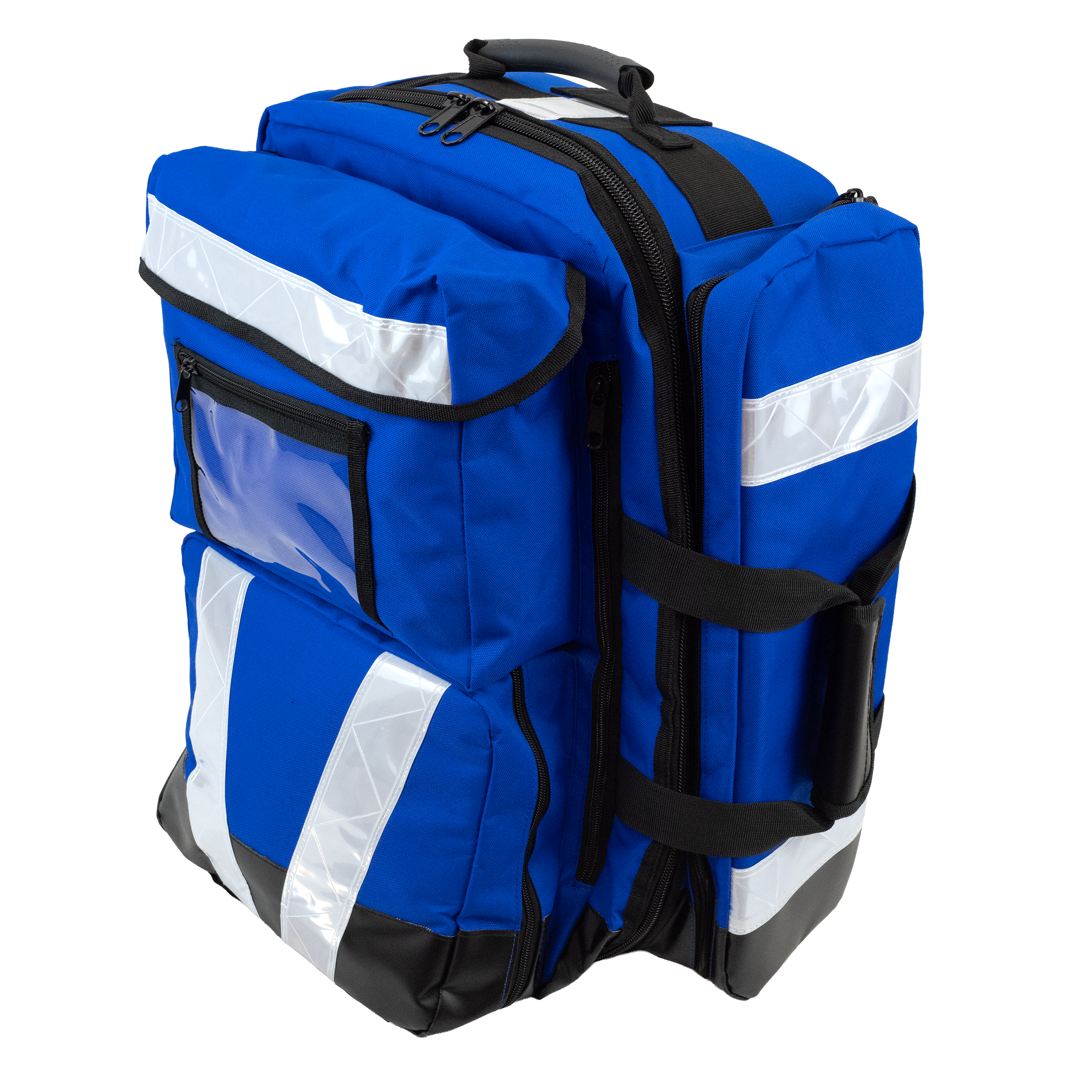 Aero Healthcare AEROBAG Blue Oxygen and Trauma First Aid Backpack 48 x 54 x 32cm showing padded shoulder straps multiple compartments and clear panel pockets for organised emergency response equipment carrying