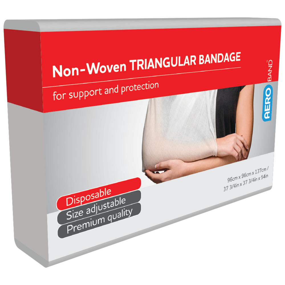 Aero Healthcare AEROBAND Non-Woven Triangular Bandage 96 x 96 x 137cm bag of 10 showing large-format non-woven triangular bandages for arm slings, leg support, and improvised dressing retention