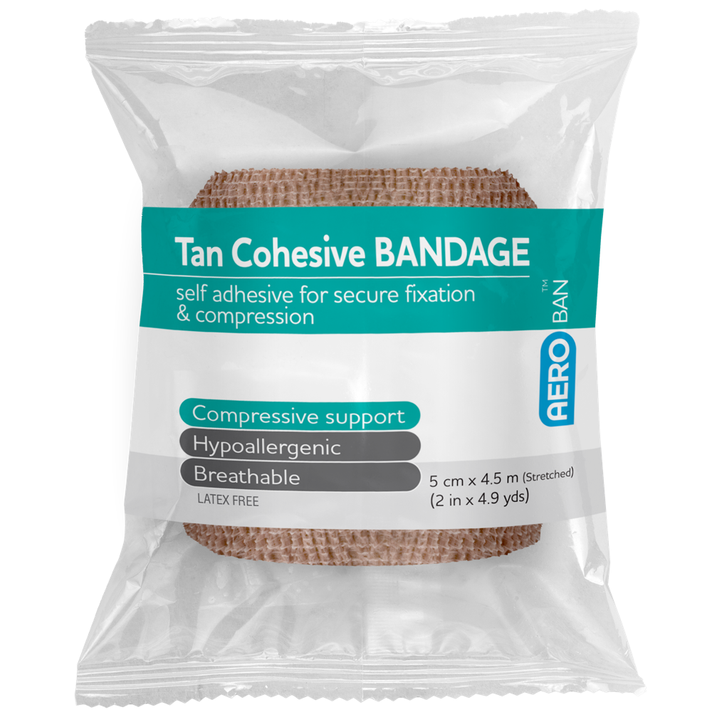 Aero Healthcare AEROBAN Tan Cohesive Bandage 5.0cm x 4.5M wrap of 12 showing self-adherent elastic cohesive bandage for sports strapping and injury support