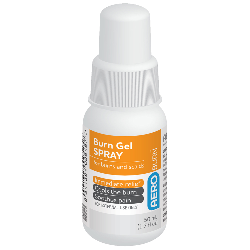 Aero Healthcare AEROBURN Burn Gel Spray Bottle 50mL showing non-aerosol hydrogel burn spray for immediate cooling and treatment of minor burns and scalds