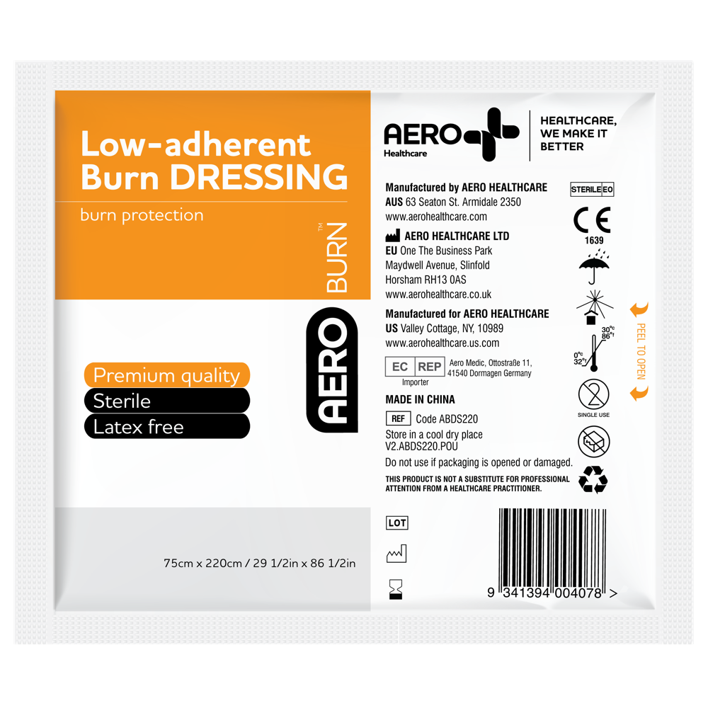 Aero Healthcare AEROBURN Low-Adherent Burn Dressing 75 x 220cm showing large-format low-adherent burn dressing for thermal injury first aid management