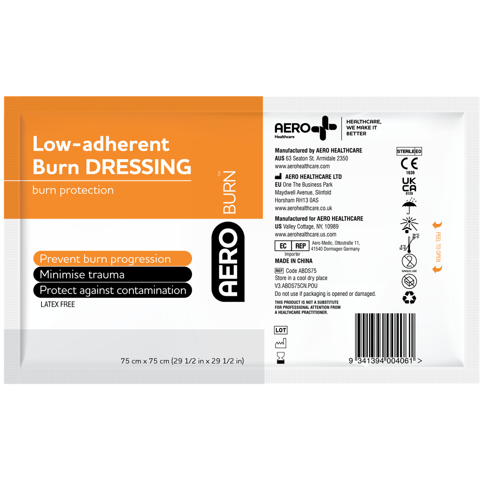 Aero Healthcare AEROBURN Low-Adherent Burn Dressing 75 x 75cm showing sterile individually wrapped low-adherent dressing for thermal burn first aid management