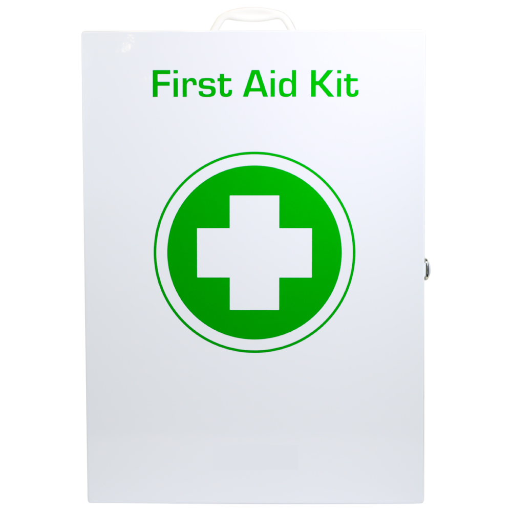 Aero Healthcare AEROCASE Medium Large Metal First Aid Cabinet 41 x 57.5 x 13cm showing wall-mounted red steel cabinet with clear door panel and lockable closure for workplace first aid storage
