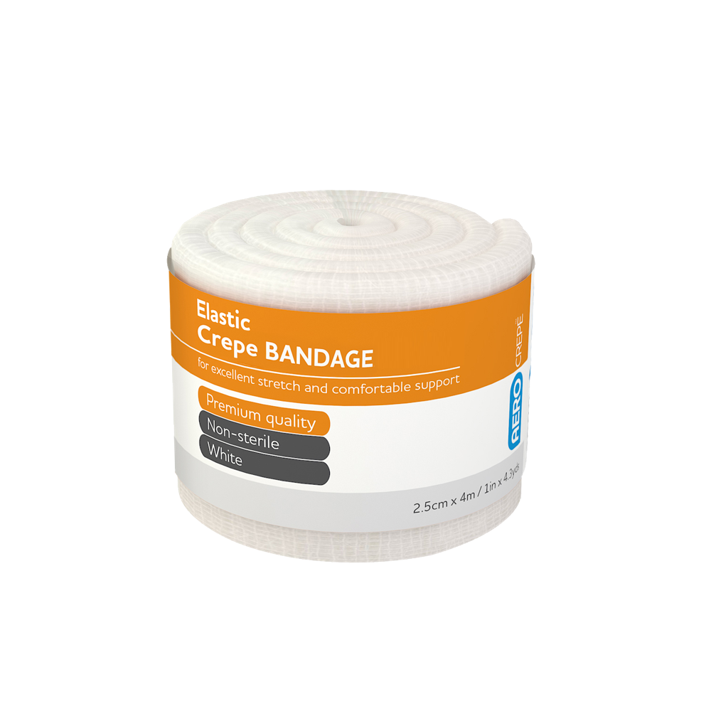 Aero Healthcare AEROCREPE Elastic Crepe Bandage 2.5cm x 4M wrap of 12 showing conformable elastic bandages for finger, hand, and wrist bandaging, dressing retention, and light compression