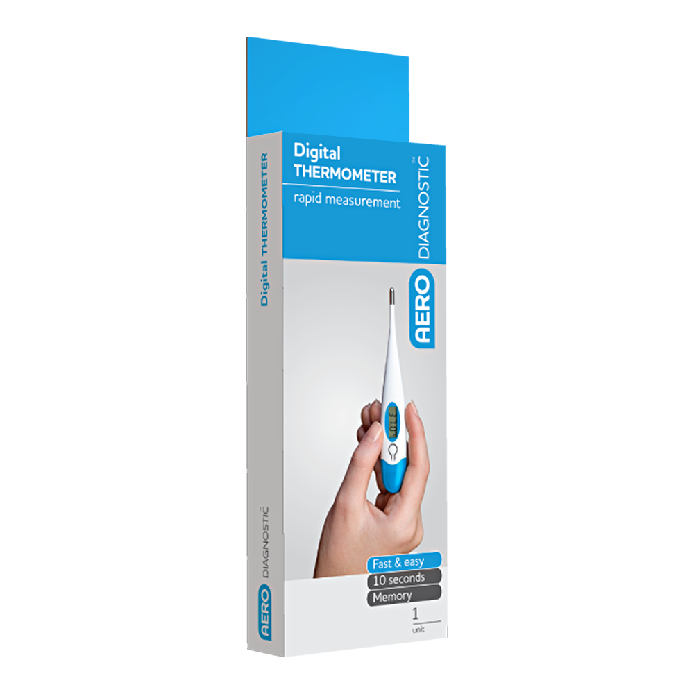 Aero Healthcare AERODIAGNOSTIC Digital Clinical Thermometer showing slim probe digital thermometer with LCD display for oral, axillary, and rectal temperature measurement in clinical and home care