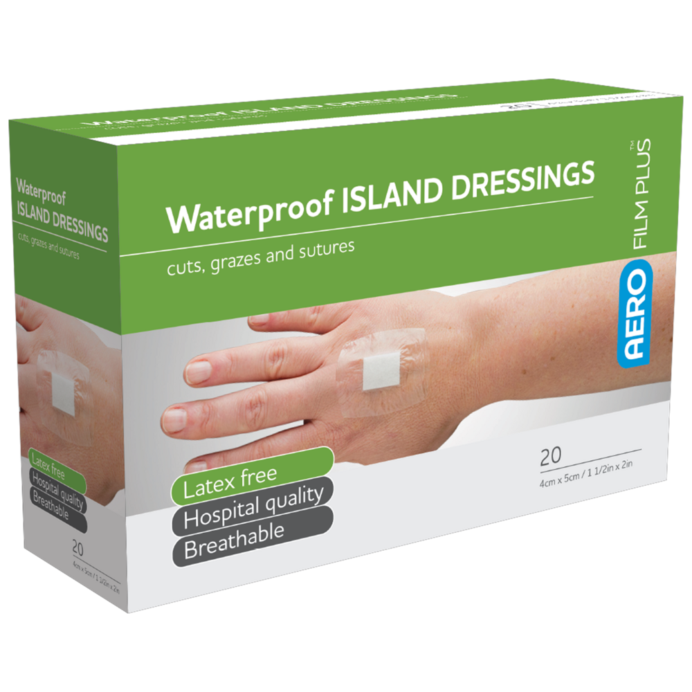 Aero Healthcare AEROFILM PLUS Waterproof Island Dressing 4 x 5cm box of 20 showing transparent waterproof film dressings for clinical bulk wound care and ongoing wound management supply