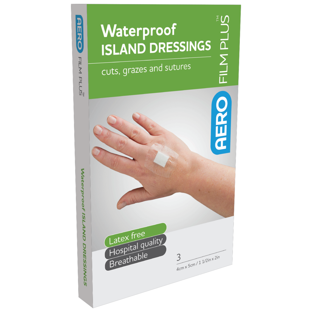 Aero Healthcare AEROFILM PLUS Waterproof Island Dressing 4 x 5cm box of 3 showing transparent waterproof film dressings for wound protection with visible wound monitoring without removal