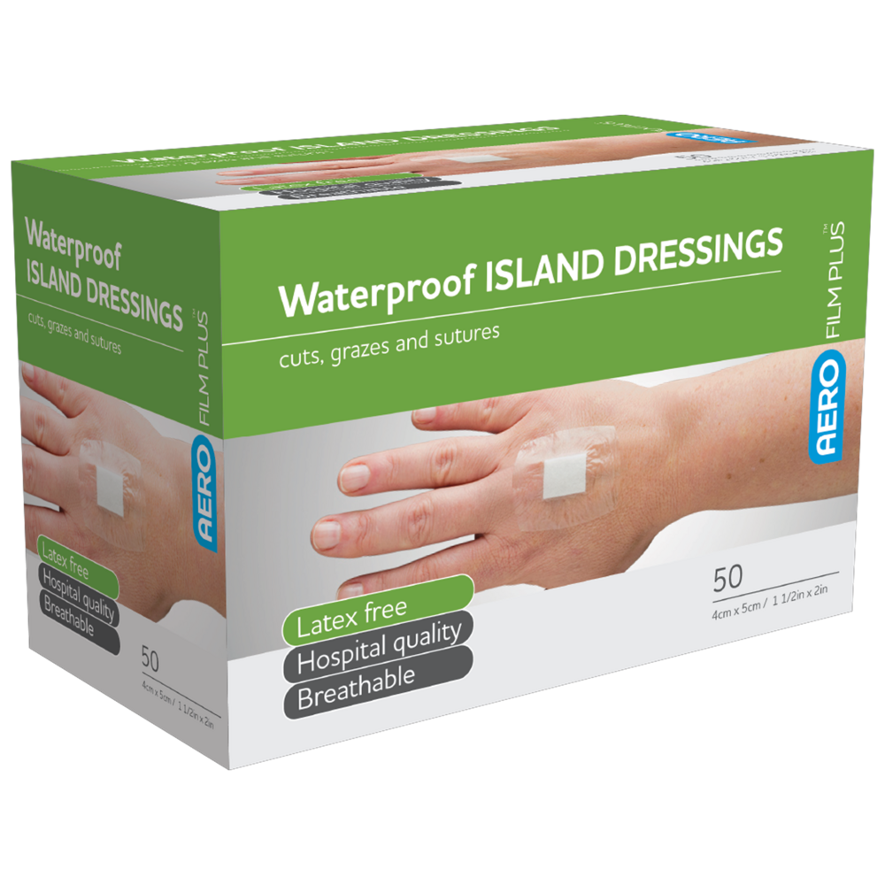 Aero Healthcare AEROFILM PLUS Waterproof Island Dressing 4 x 5cm box of 50 showing high-volume bulk supply of transparent waterproof film dressings for busy clinical wound care settings