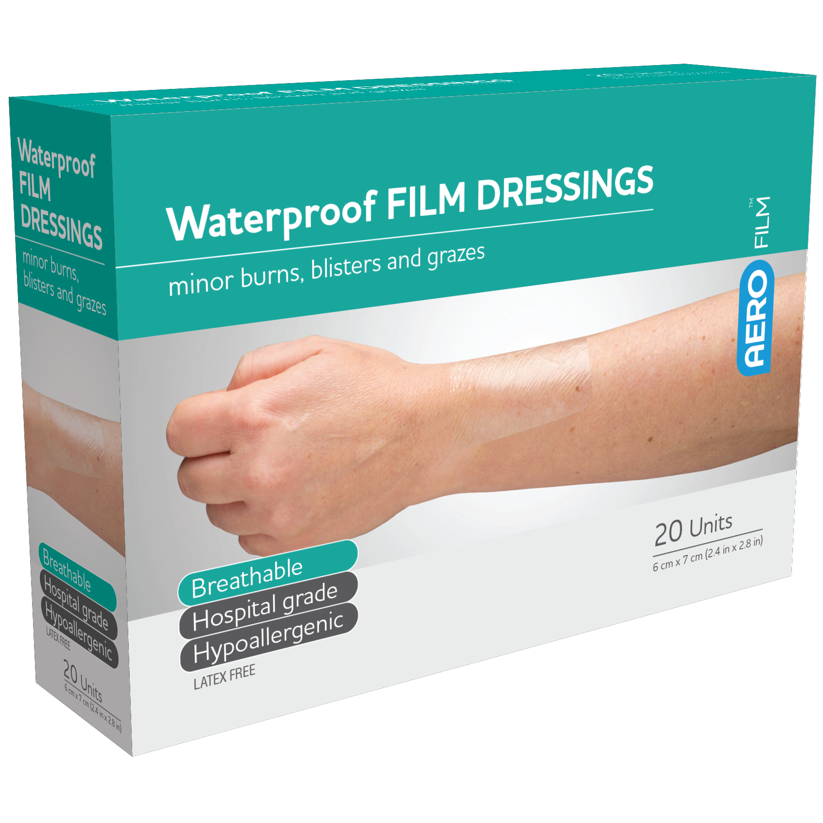 Aero Healthcare AEROFILM Waterproof Film Dressing 6 x 7cm box of 20 showing sterile transparent film dressings for IV cannula sites and wound cover