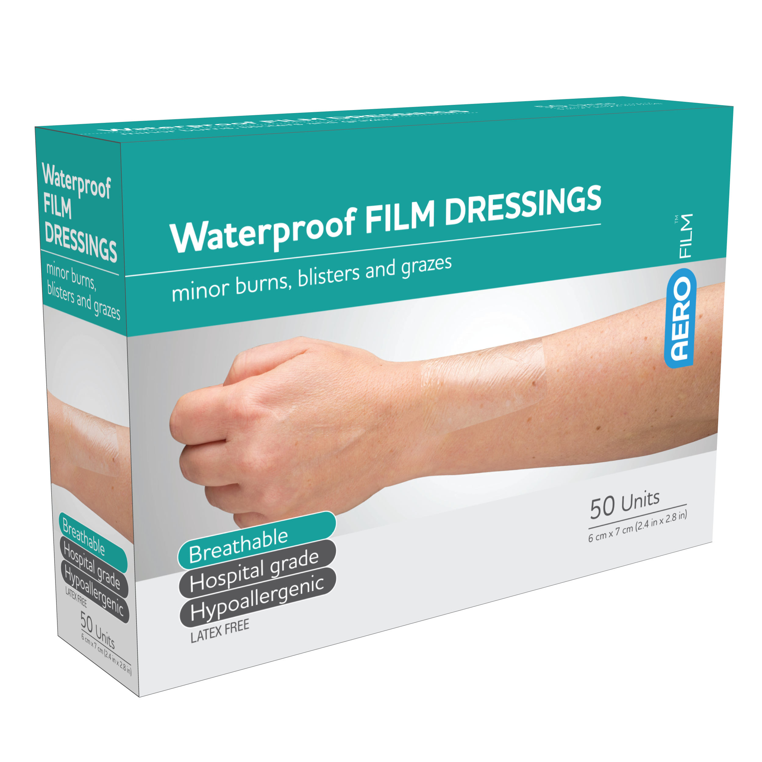 Aero Healthcare AEROFILM Waterproof Film Dressing 6 x 7cm box of 50 showing sterile transparent film dressings for IV cannula sites and wound cover