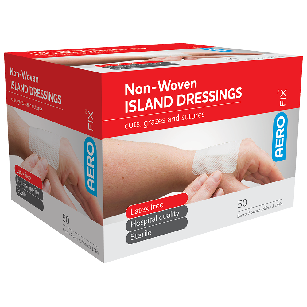Aero Healthcare AEROFIX Non-Woven Island Dressing 5 x 7.5cm box of 50 showing sterile latex-free adhesive island dressings for simple wound management and dressing changes
