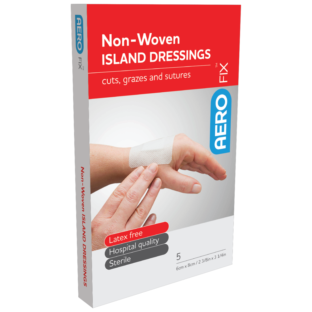Aero Healthcare AEROFIX Non-Woven Island Dressing 6 x 8cm box of 5 showing sterile latex-free adhesive island dressings for first aid kit restocking and medium wound care
