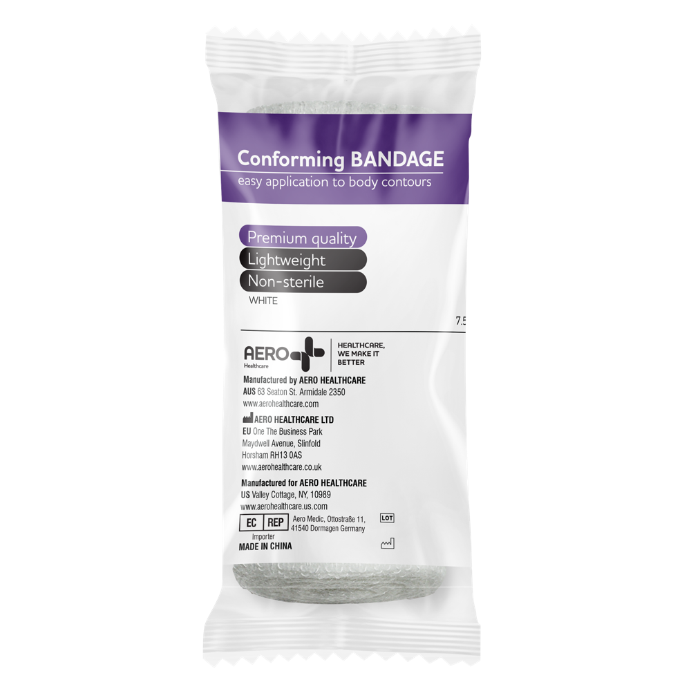 Aero Healthcare AEROFORM Conforming Bandage 7.5cm x 4M wrap of 12 showing lightweight elastic gauze bandages for wound dressing retention and gentle limb support