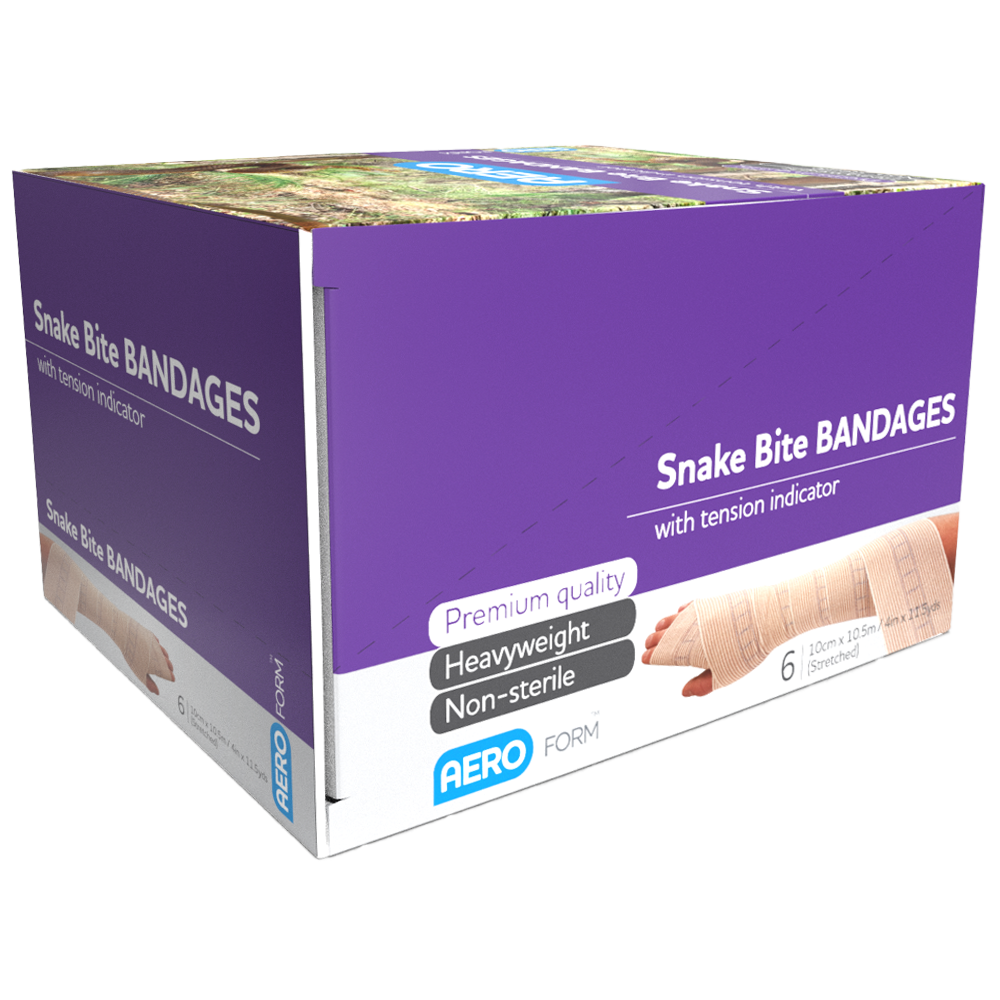 Aero Healthcare AEROFORM Snake Bite Bandage with Indicator 10cm x 10.5m box of 6 showing heavyweight conforming elastic bandages with printed tension indicators for correct pressure immobilisation technique
