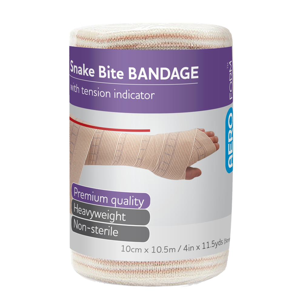 Aero Healthcare AEROFORM Snake Bite Bandage with Indicator 10cm x 10.5m wrap of 12 showing bulk pack of heavyweight conforming elastic snake bite bandages with tension indicators