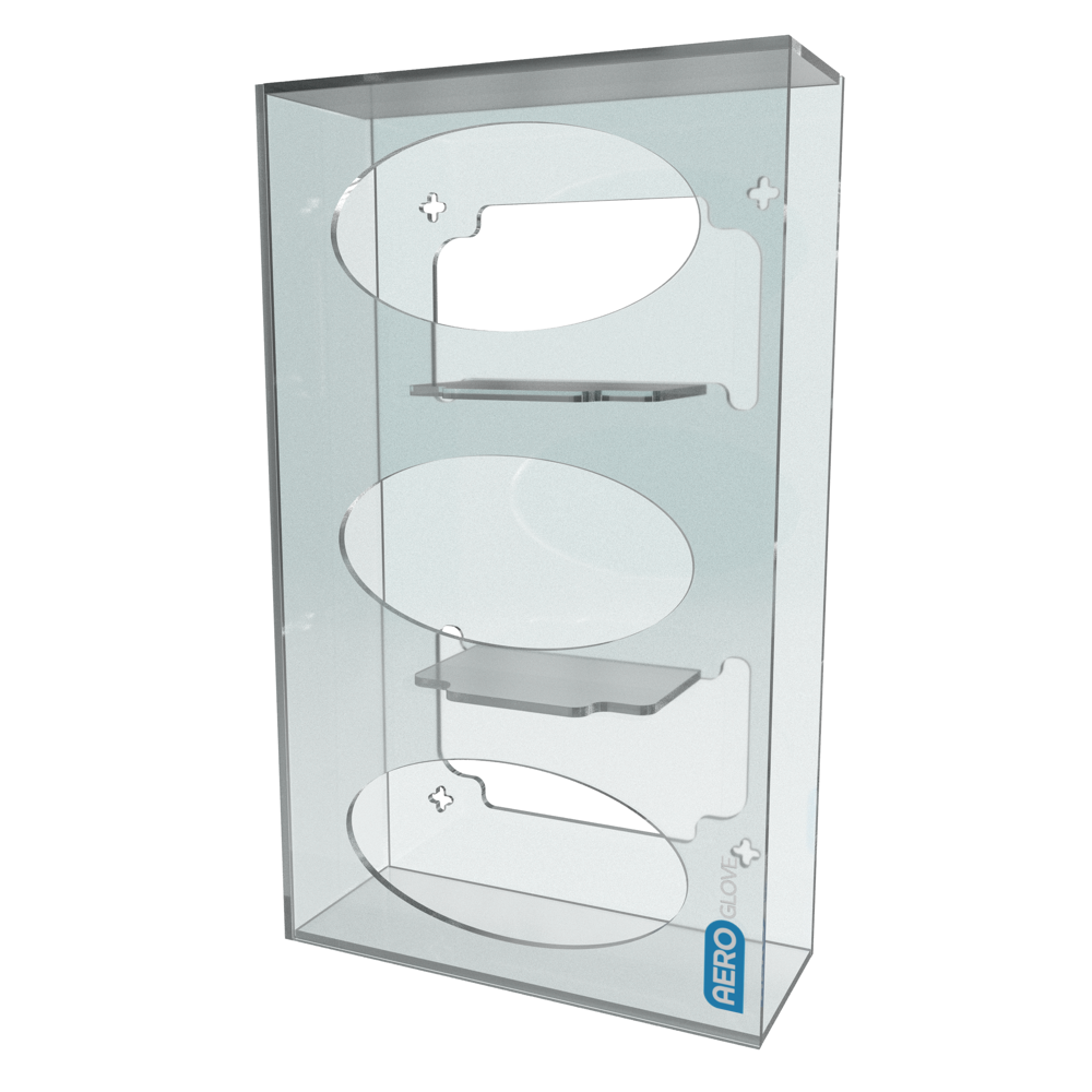 Aero Healthcare AEROGLOVE Acrylic Triple Glove Dispenser showing wall-mounted clear acrylic dispenser holding three glove box sizes for organised clinical and workplace PPE access