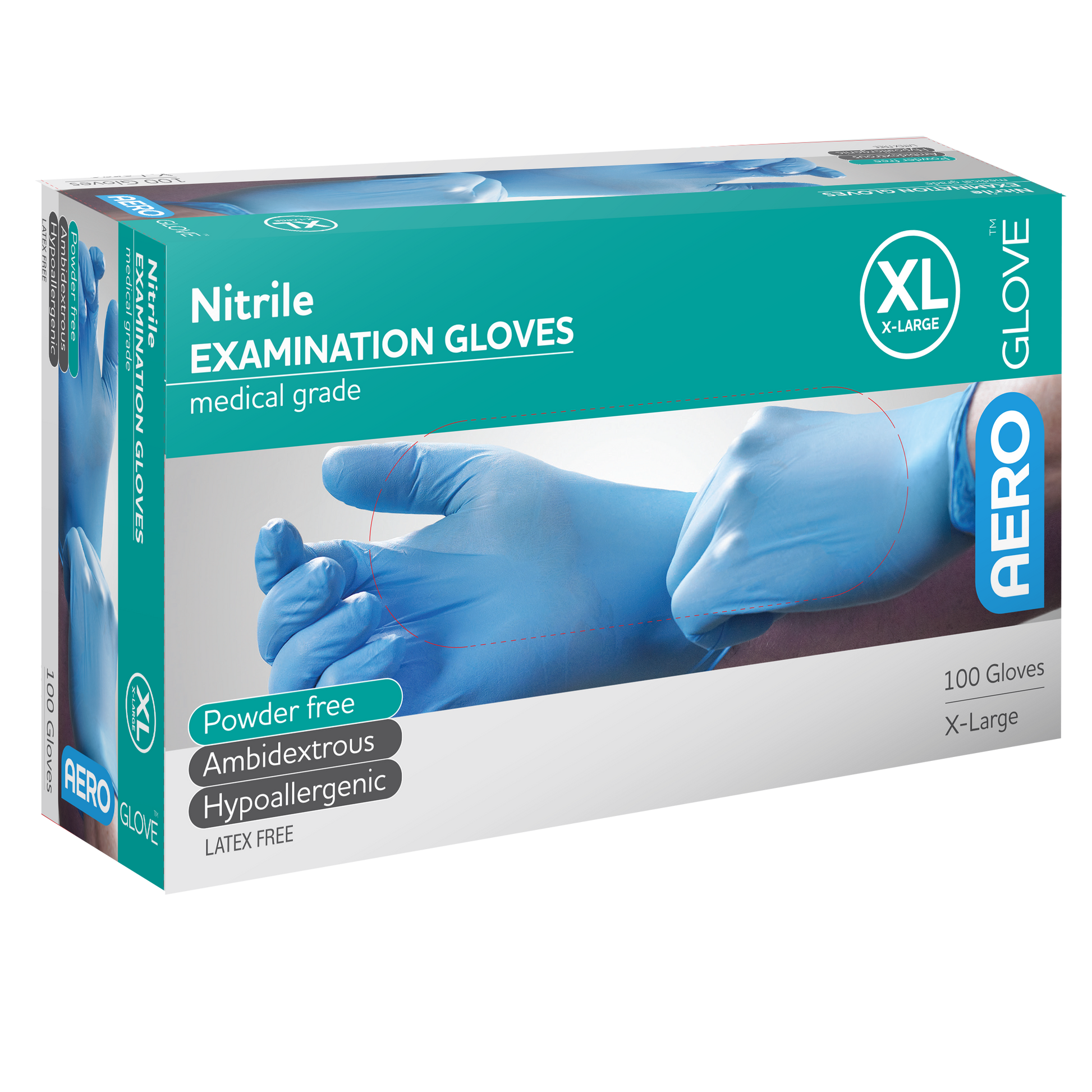 Aero Healthcare AEROGLOVE X-Large Nitrile Powder-Free Examination Gloves box of 100 showing latex-free nitrile barrier gloves for clinical, first aid, and food handling use