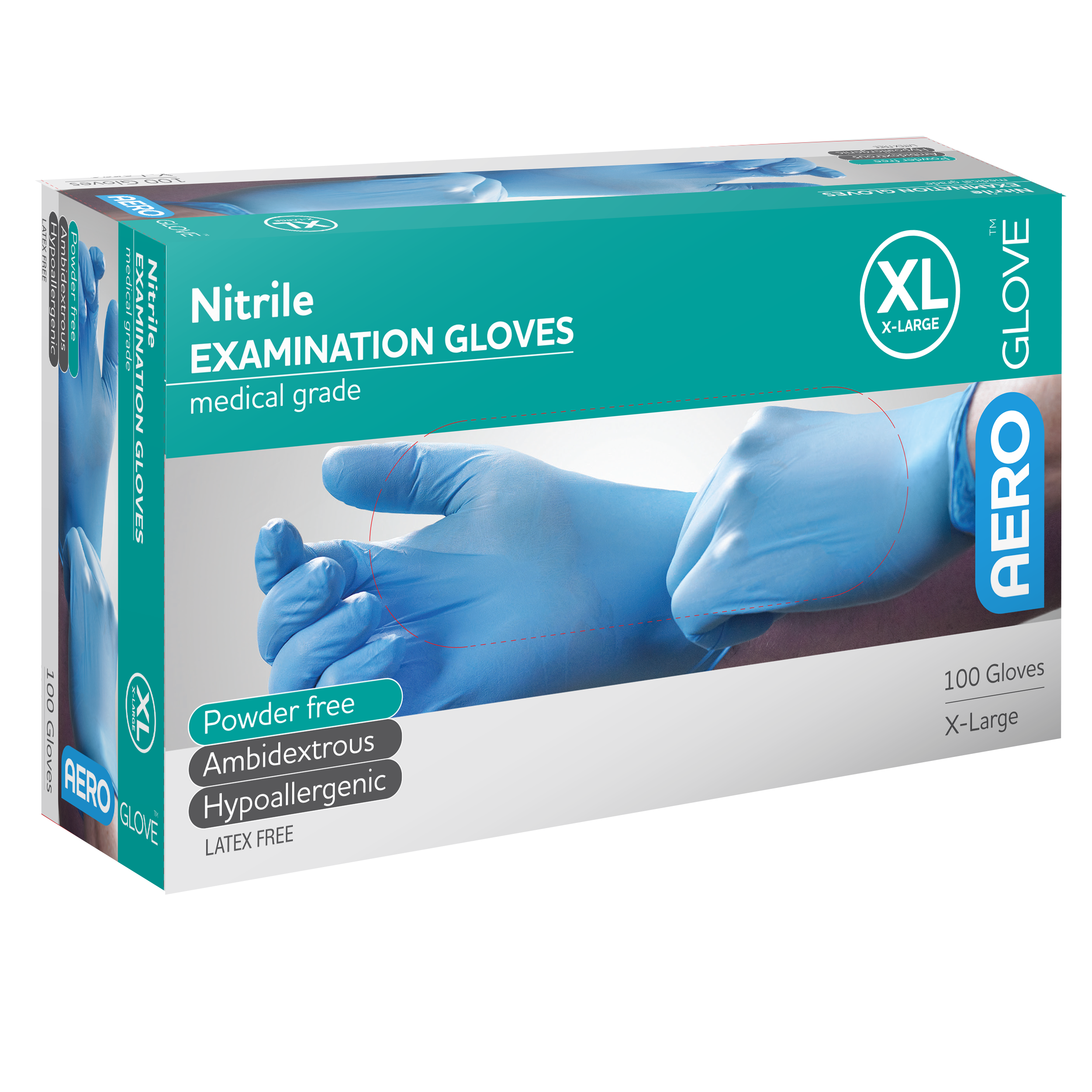 Aero Healthcare AEROGLOVE X-Large Nitrile Powder-Free Examination Gloves box of 100 showing latex-free nitrile barrier gloves for clinical, first aid, and food handling use
