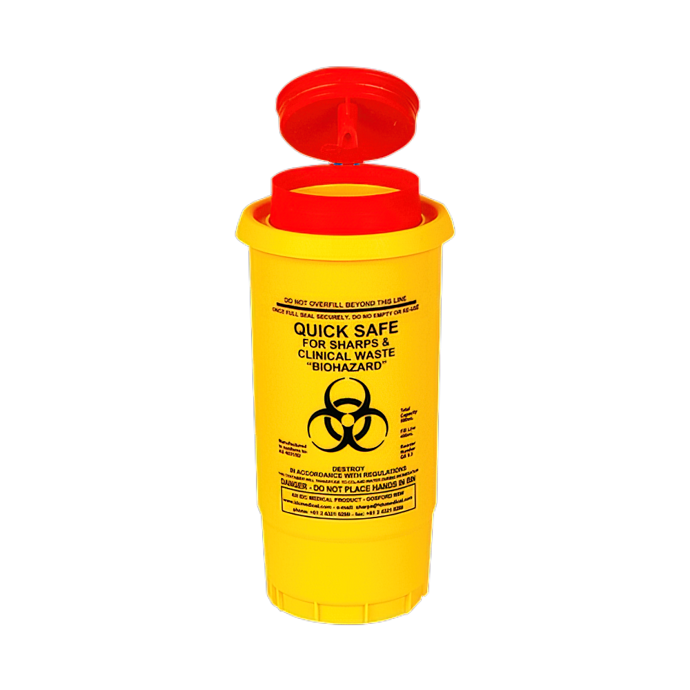 Aero Healthcare AEROHAZARD Sharps Disposal Container 500mL showing needle-proof tamper-evident biohazard sharps container for clinical and workplace compliance