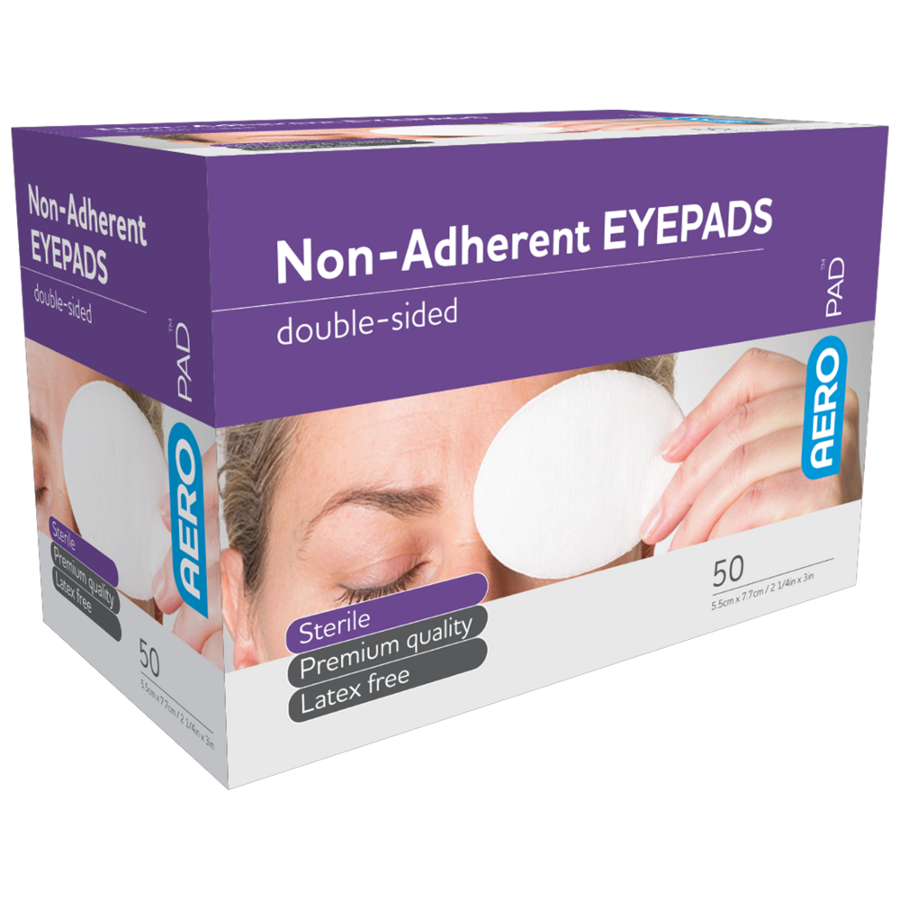 Aero Healthcare AEROPAD Non-Adherent Eye Pads 5.5 x 7.7cm box of 50 showing sterile eye pads for periocular protection and eye injury cover