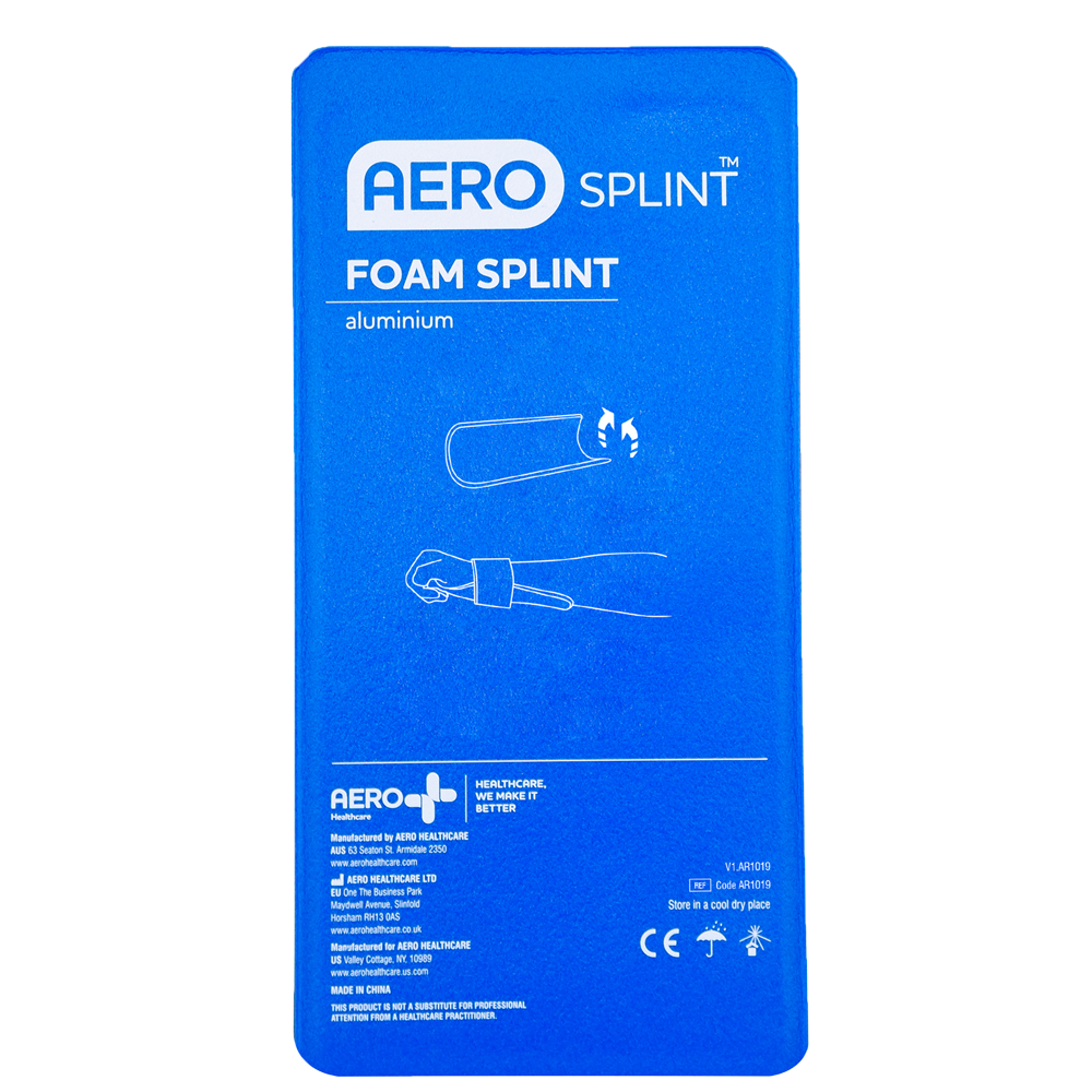 Aero Healthcare AEROSPLINT Wrist Aluminium Foam Splint 22 x 11cm showing mouldable aluminium core with foam backing for comfortable wrist and hand immobilisation in first aid
