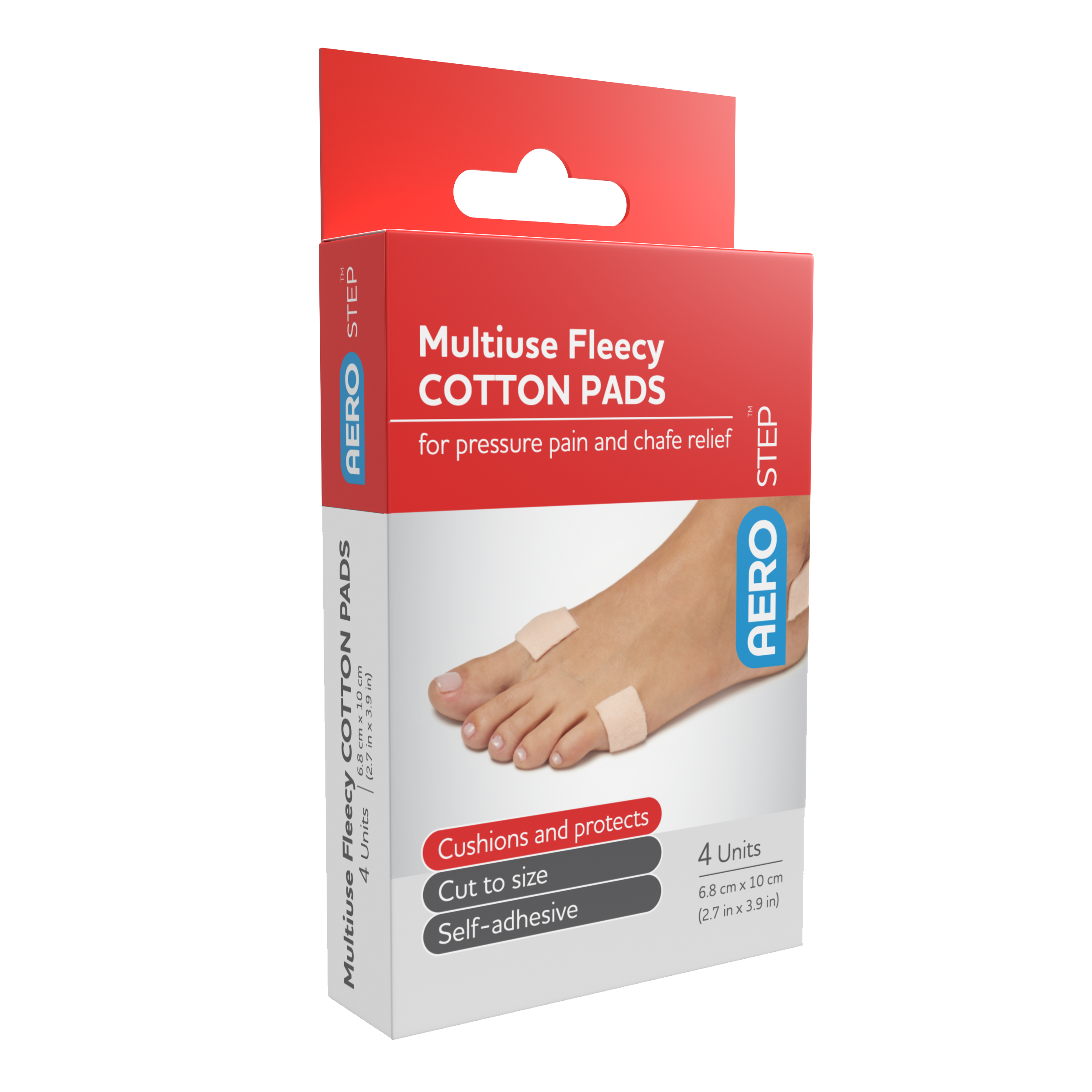 Aero Healthcare AEROSTEP Multiuse Fleecy Cotton Pad 68 x 100mm box of 4 showing soft fleecy foam foot padding for corn, callus, and pressure relief in podiatry and foot care