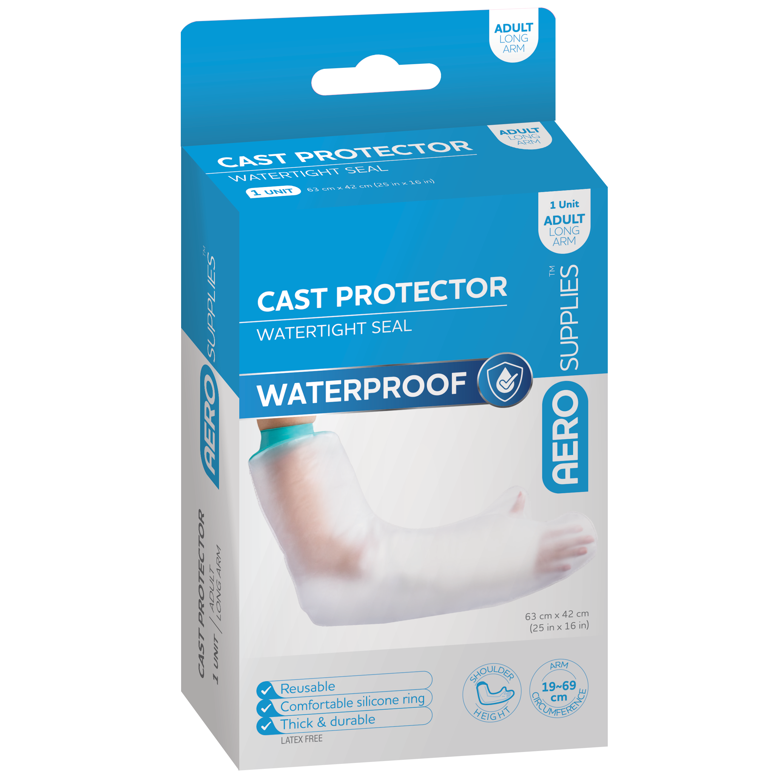 Aero Healthcare AEROSUPPLIES Adult Long Arm Cast Protector waterproof slip-on cover protecting arm cast or dressing during bathing with watertight seal from hand to upper arm