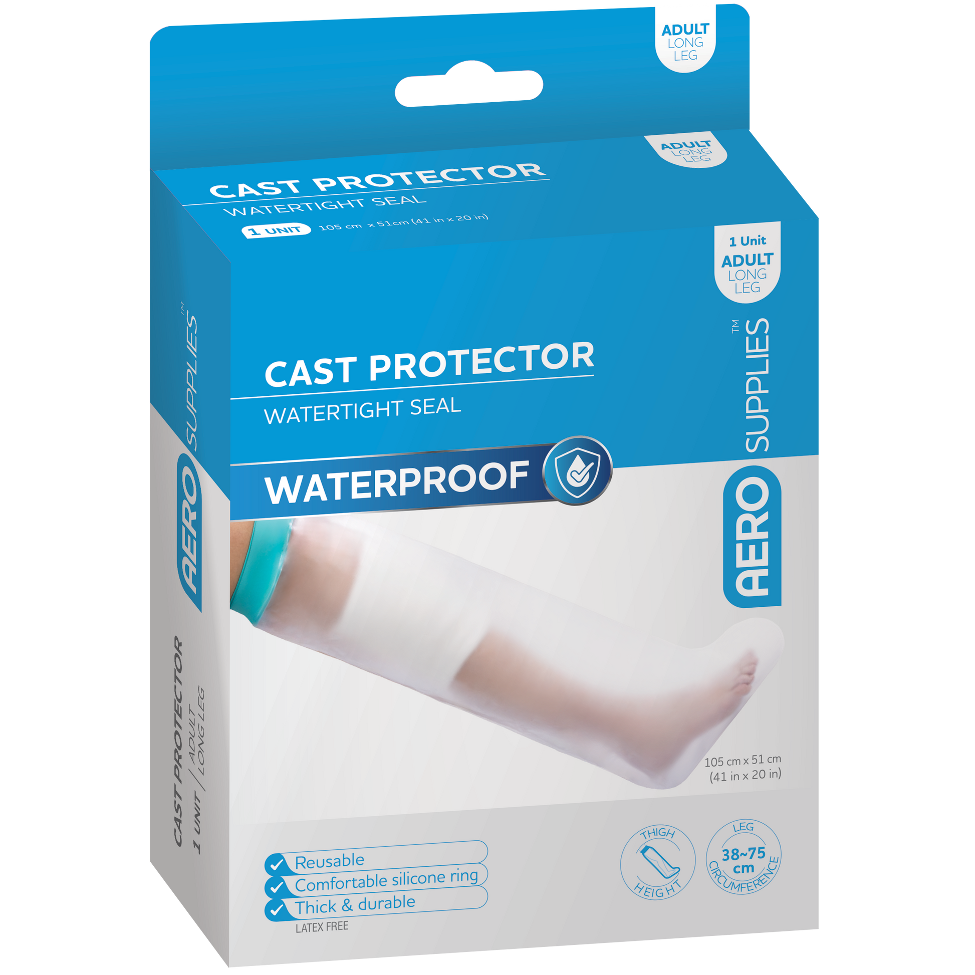 Aero Healthcare AEROSUPPLIES Cast Protector Adult Long Leg showing waterproof slip-on leg cover protecting lower limb casts and dressings from foot to upper thigh during bathing