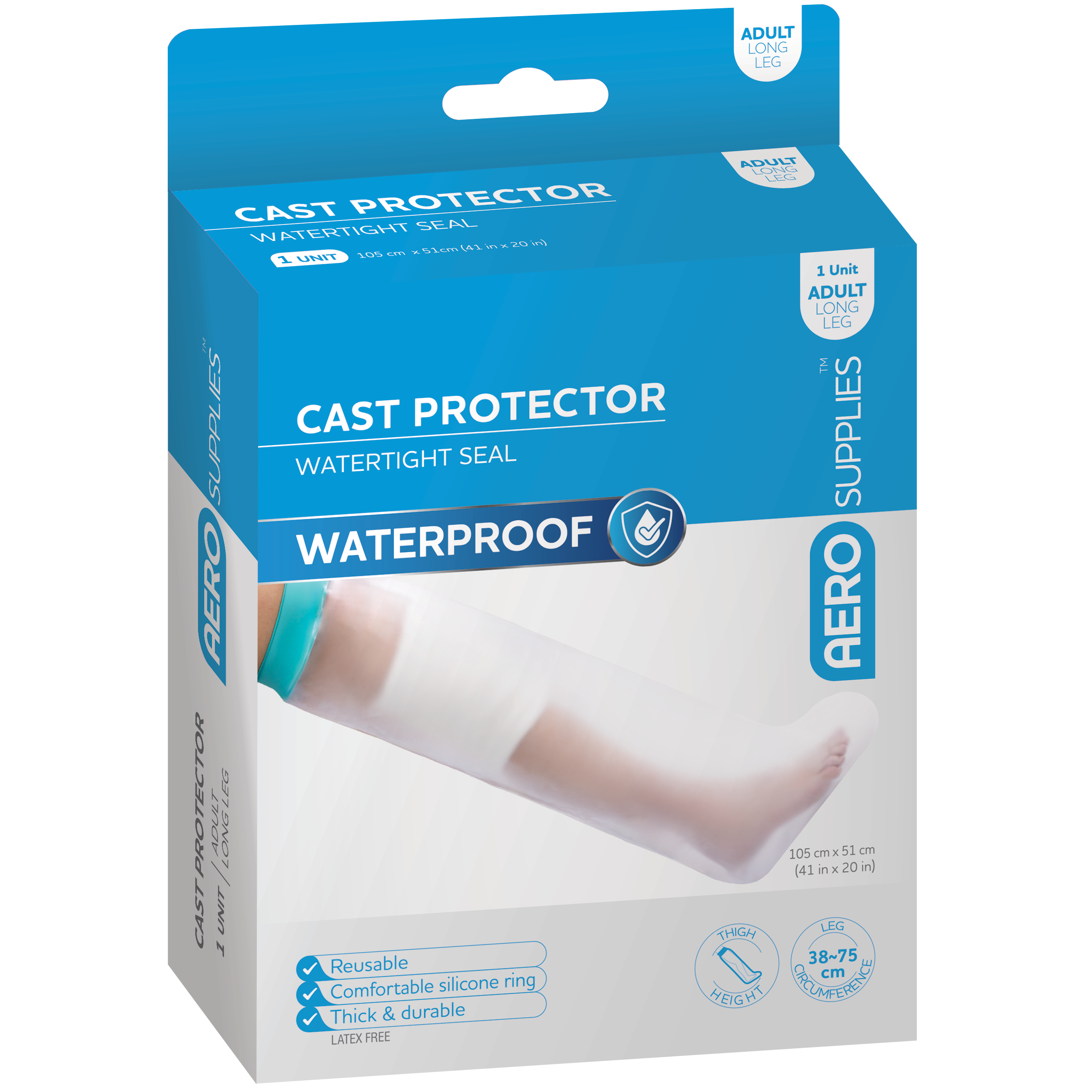 Aero Healthcare AEROSUPPLIES Cast Protector Adult Long Leg showing waterproof slip-on leg cover protecting lower limb casts and dressings from foot to upper thigh during bathing