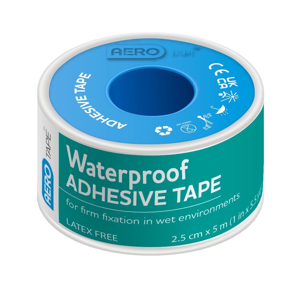 Aero Healthcare AEROTAPE Waterproof Adhesive Tape 2.5cm x 5M showing waterproof medical tape for reliable dressing fixation and cannula site securing during bathing and wet conditions