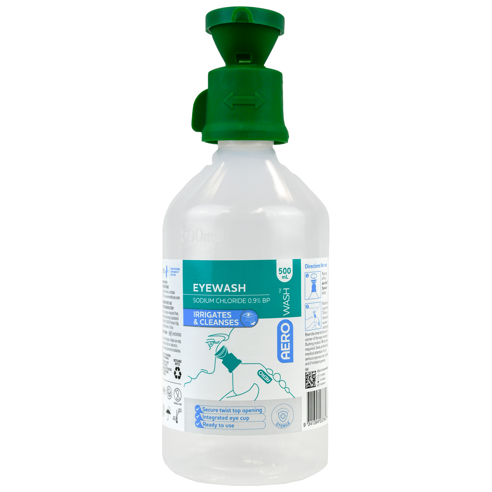 Aero Healthcare AEROWASH Eyewash 500mL showing sterile saline eye irrigation bottle for rapid chemical splash and foreign body eye wash first aid at workplace eye wash stations