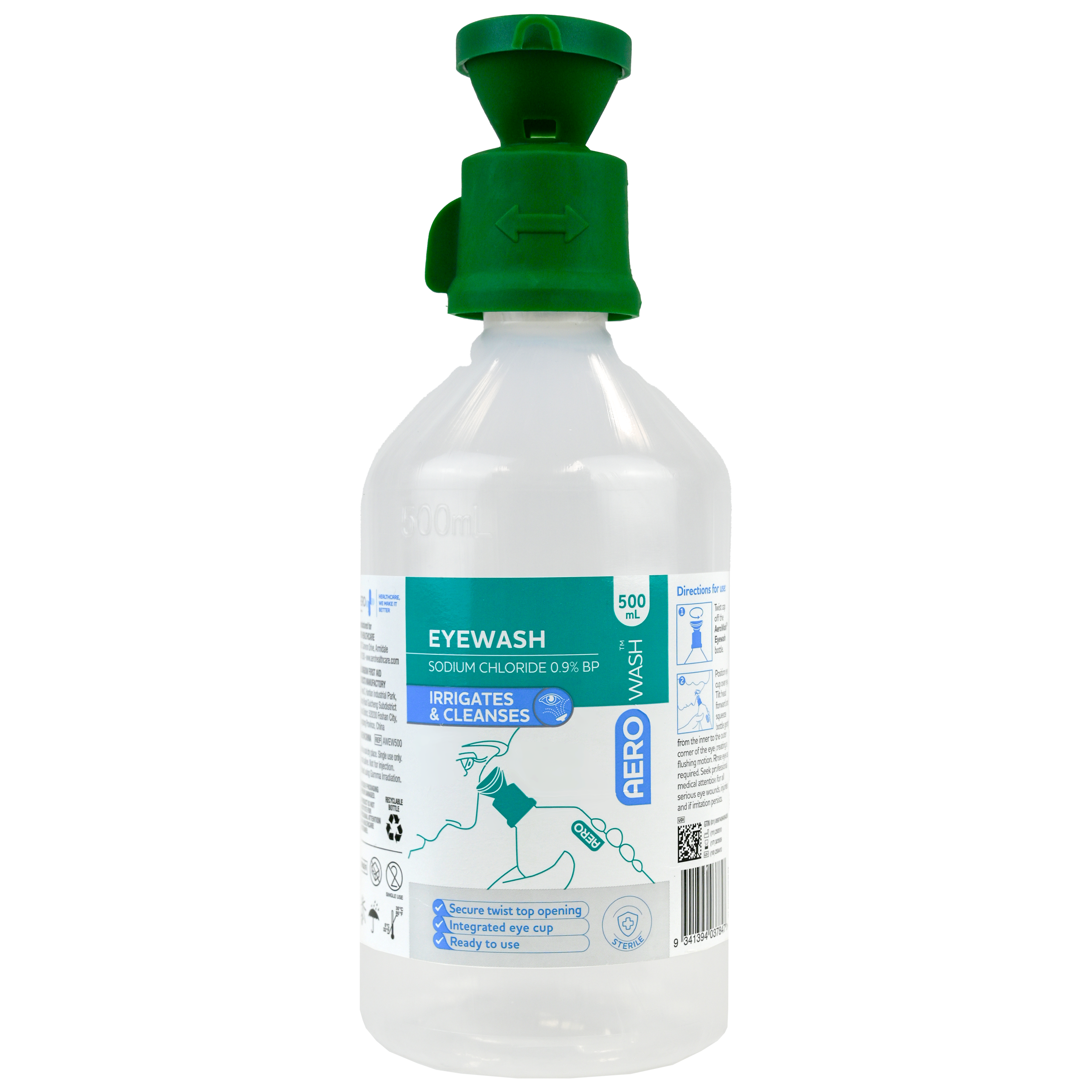 Aero Healthcare AEROWASH Eyewash 500mL showing sterile saline eye irrigation bottle for rapid chemical splash and foreign body eye wash first aid at workplace eye wash stations