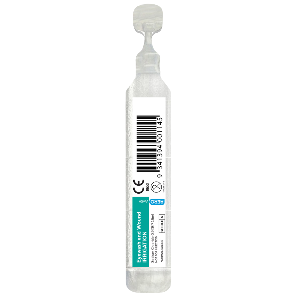 Aero Healthcare AEROWASH Sodium Chloride Eyewash Ampoules 15mL carton of 250 showing sterile saline ampoules for eye wash and wound irrigation