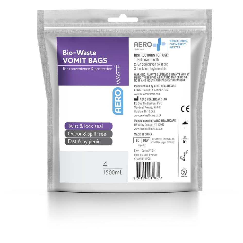 Aero Healthcare AEROWASTE Bio-Waste Vomit Bag 1500mL bag of 4 showing leak-resistant clinical vomit bags for hygienic nausea management in ambulance, clinical, and first aid settings