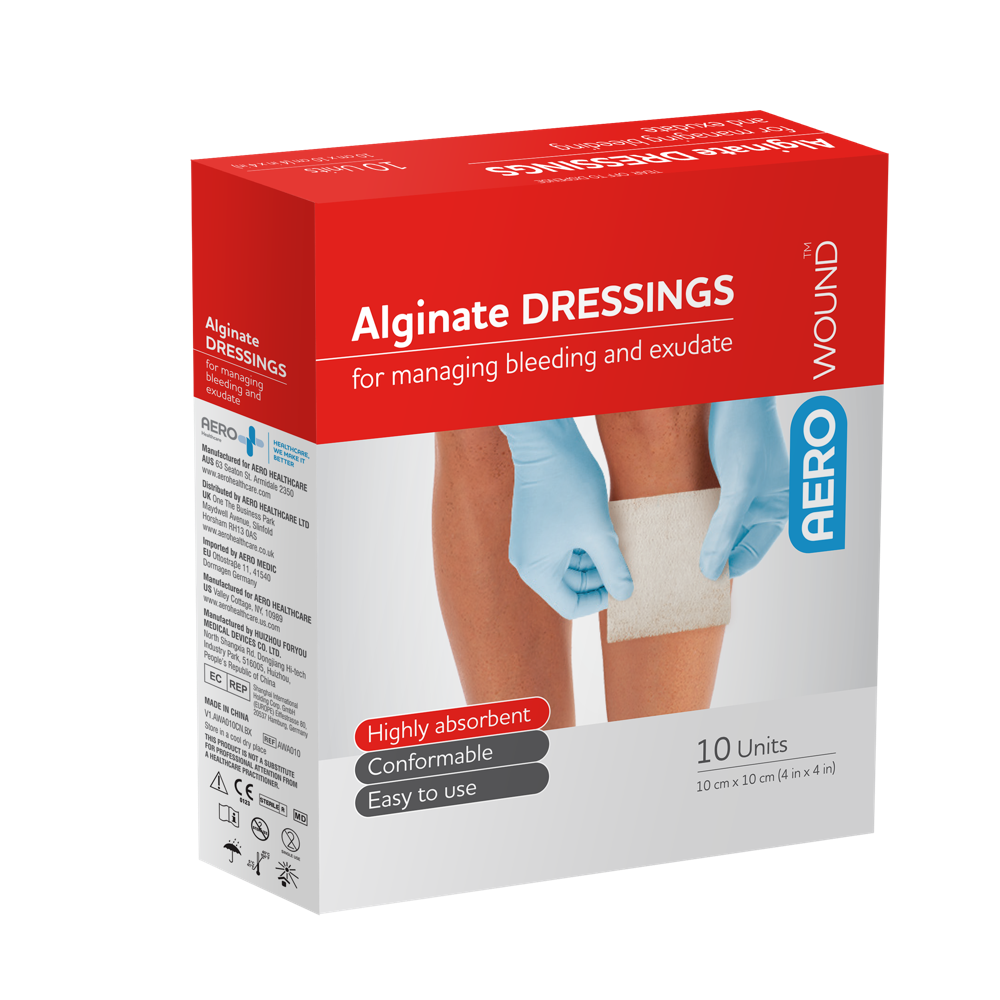 Aero Healthcare AEROWOUND Alginate Dressing 10 x 10cm box of 10 showing calcium alginate wound dressings for exuding wound management