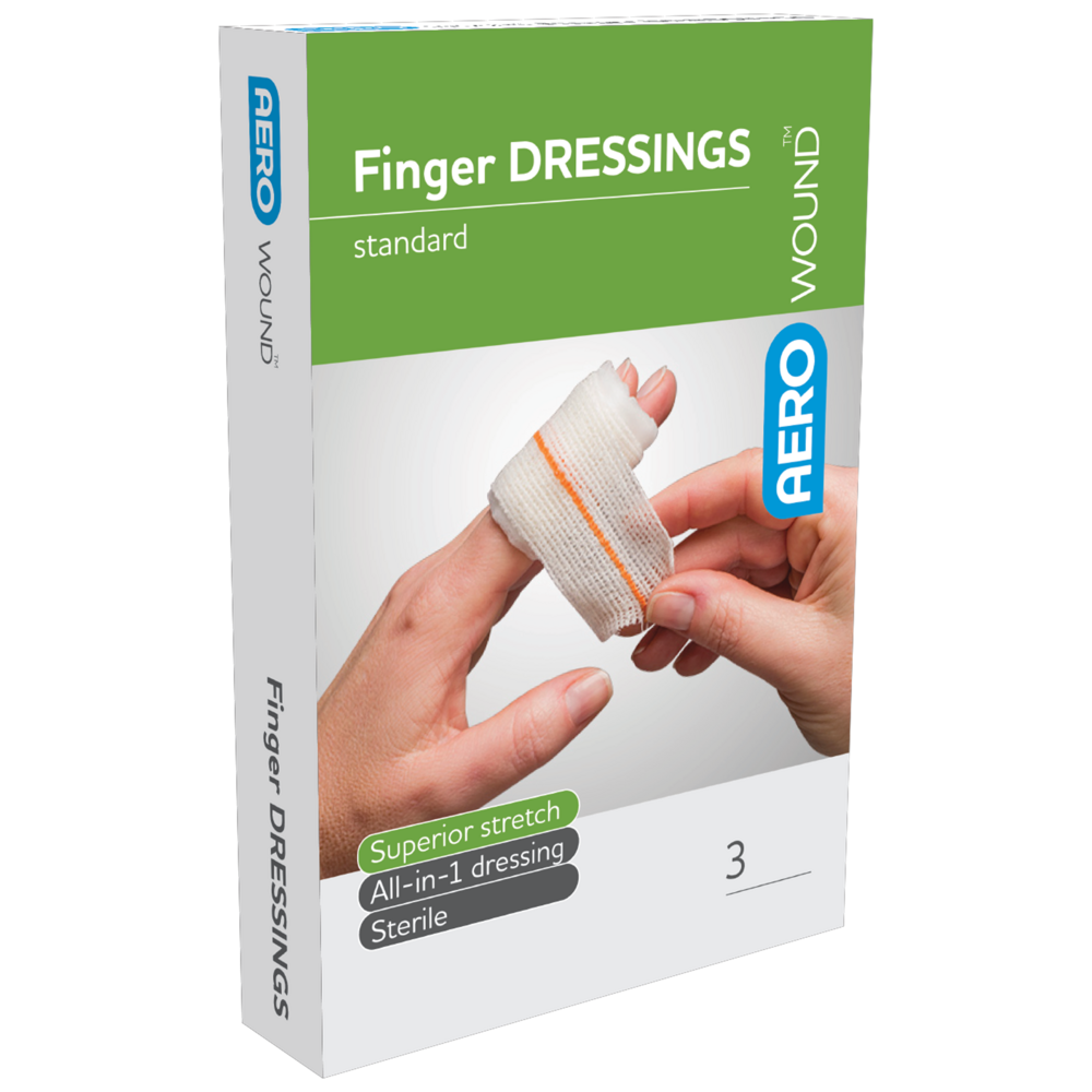 Aero Healthcare AEROWOUND Finger Dressing Envelope of 3 showing waterproof finger dressings designed for cuts and lacerations with absorbent wound pad and secure wrap-around design