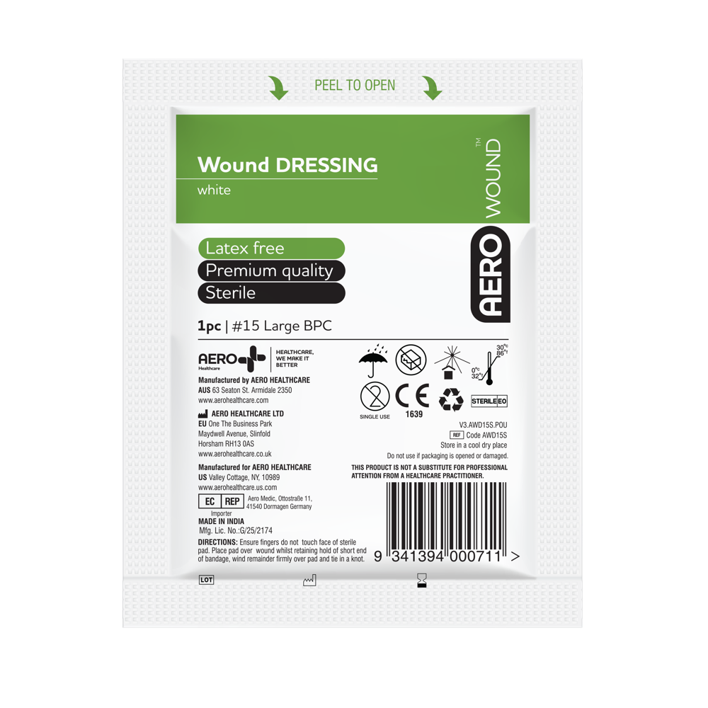 Aero Healthcare AEROWOUND Number 15 Wound Dressing 18 x 18cm bag of 12 showing large format sterile compress dressings for bleeding control and wound protection in trauma first aid