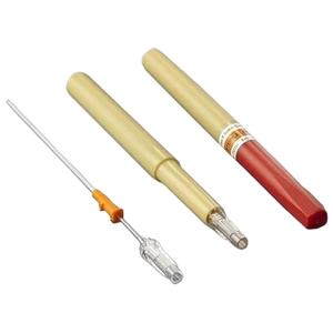 Chest decompression needle with a catheter over the needle, shown beside its protective sleeve and cap