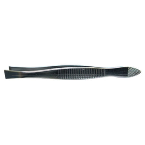 Stainless steel tweezers with black patterned grips and fine tips, shown closed