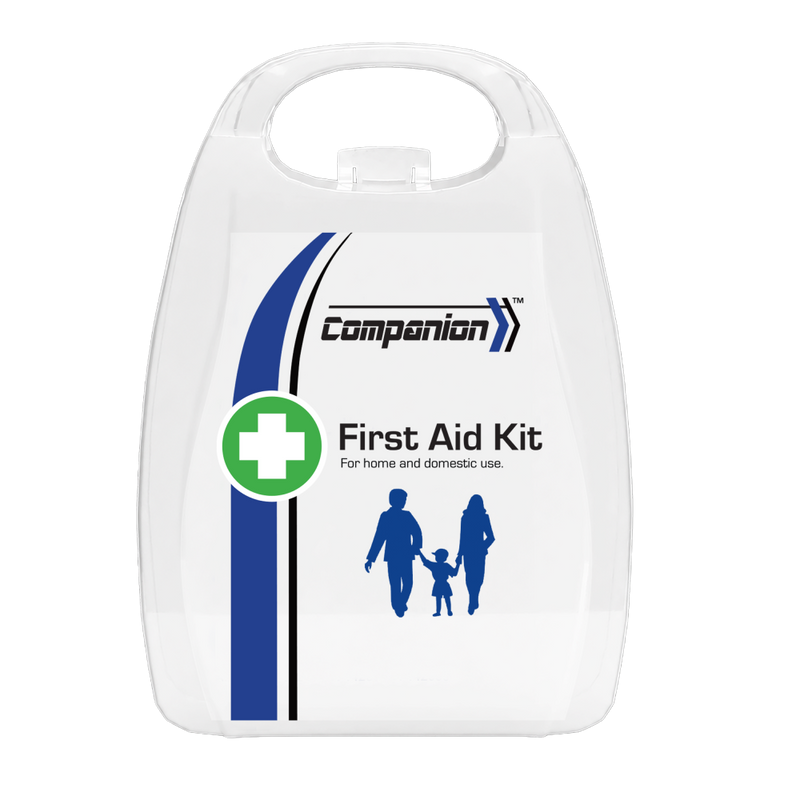 White moulded pocket case with a moulded handle, the Companion mark, a green cross roundel and a family icon, printed First Aid Kit for home and domestic use